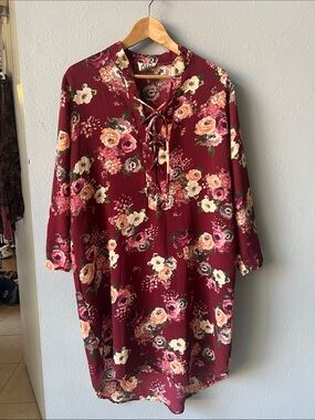 Women's Burgundy Floral Lace-Up Long Sleeve Dress